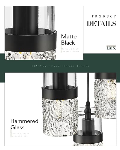 Black 3 Light Pendant Fixtures (Black -Hammered Glass / 3.5" Hammered Glass, 3-Light)