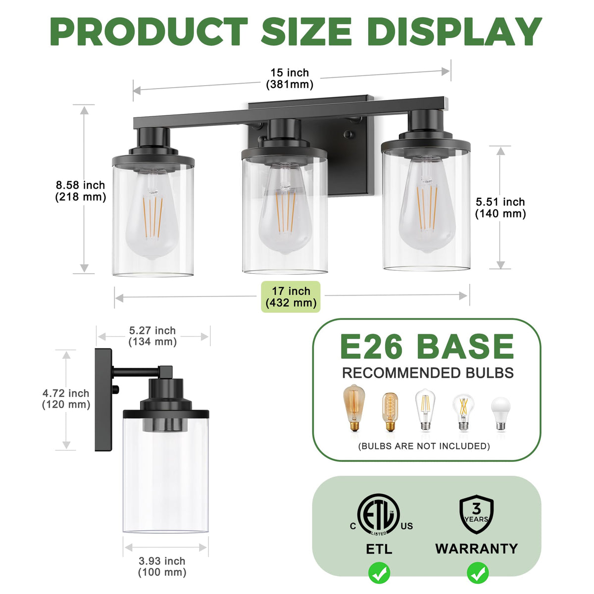 Bathroom Vanity Light Fixtures Over Mirror Modern Black 3 Light (Black / 3-Light (17inch))