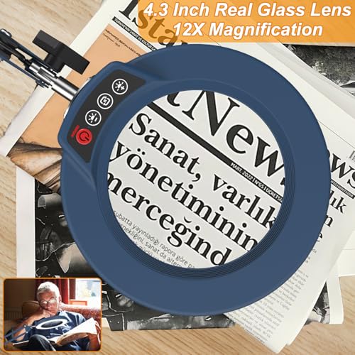 12X Large Magnifying Glass with Light and Clamp (Blue / 12X 32inch Clamp)