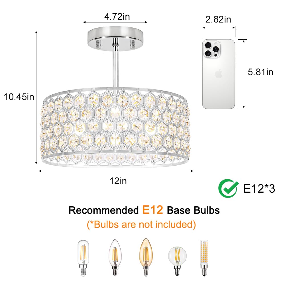 Chrome Crystal Ceiling Light Fixture (12in - 3 light - B / Chrome)