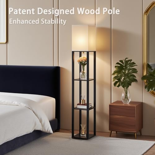 Floor Lamp with Shelves (Black(White Shade))