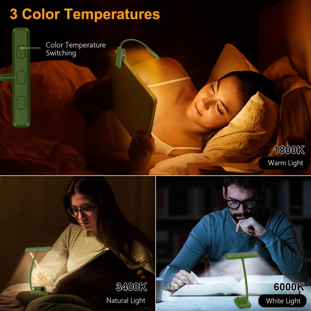 19 LED Rechargeable Book Light for Reading in Bed (Dark Green)