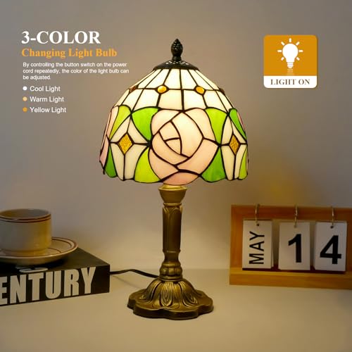 Pink Rose Style Tiffany Table Lamp Handmade Stained Glass Bedside Table Lamp Desk Reading Light 8" Wide 14" Tall for Small Space Bedroom Home Office with LED Bulb (Pink Rose)