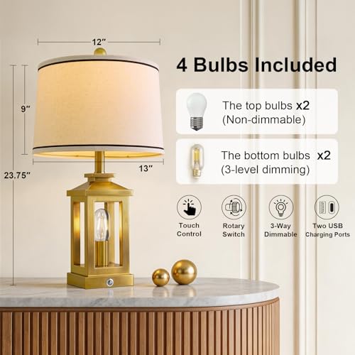 Modern Table Lamps Set of 2 for Living Room 23.75" Bedroom Nightstand Lamps (Gold)