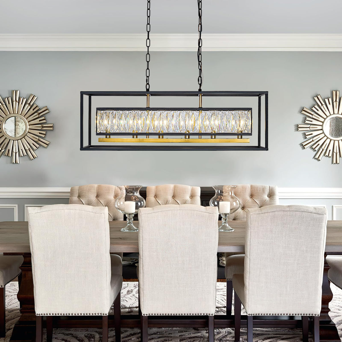 Modern Black and Gold Rectangle Crystal Chandeliers for Dining Room (Black & Satin Brass L35")