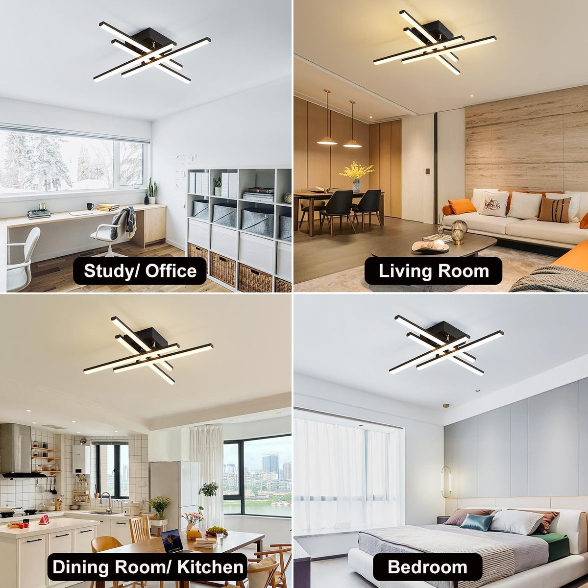 Modern LED Ceiling Light with Remote (4-Square-Black)