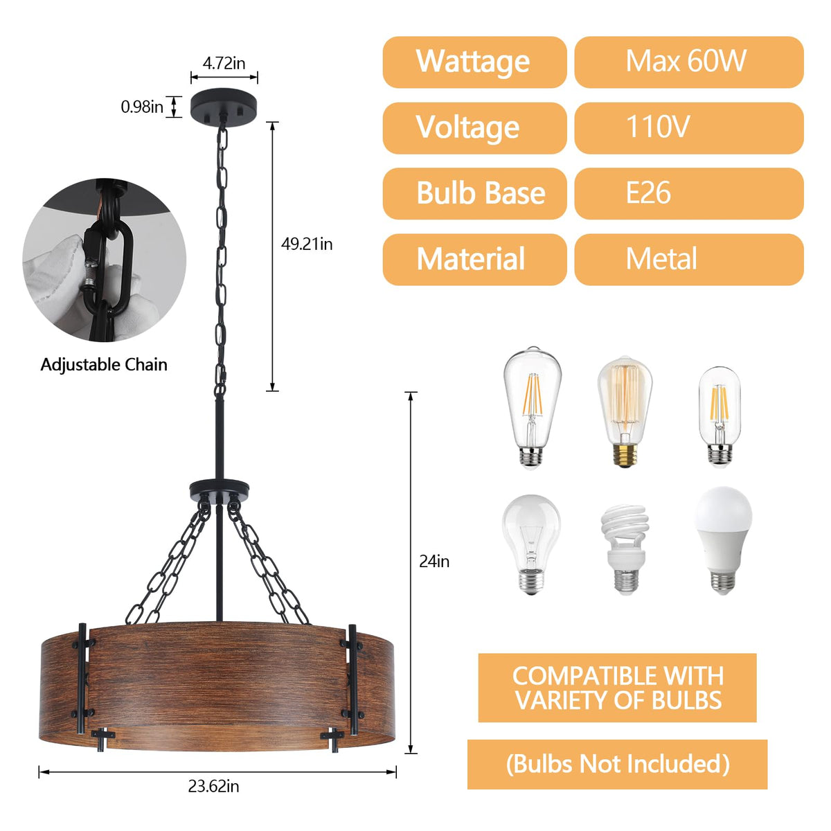 23.62" Farmhouse Chandeliers for Dining Room 6 (Brown Wood Grain Finish-6-Light-23.62'')