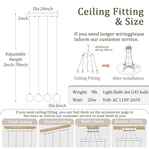 Chandeliers for Dining Room Gold Dining Room Lights Fixture Over Table Glass Globe Pendant Lights Kitchen Island Adjustable Hanging Lamp Ceiling for Bedroom Entryway Foyer (Gold-Clear / Rectangle 4-Light)