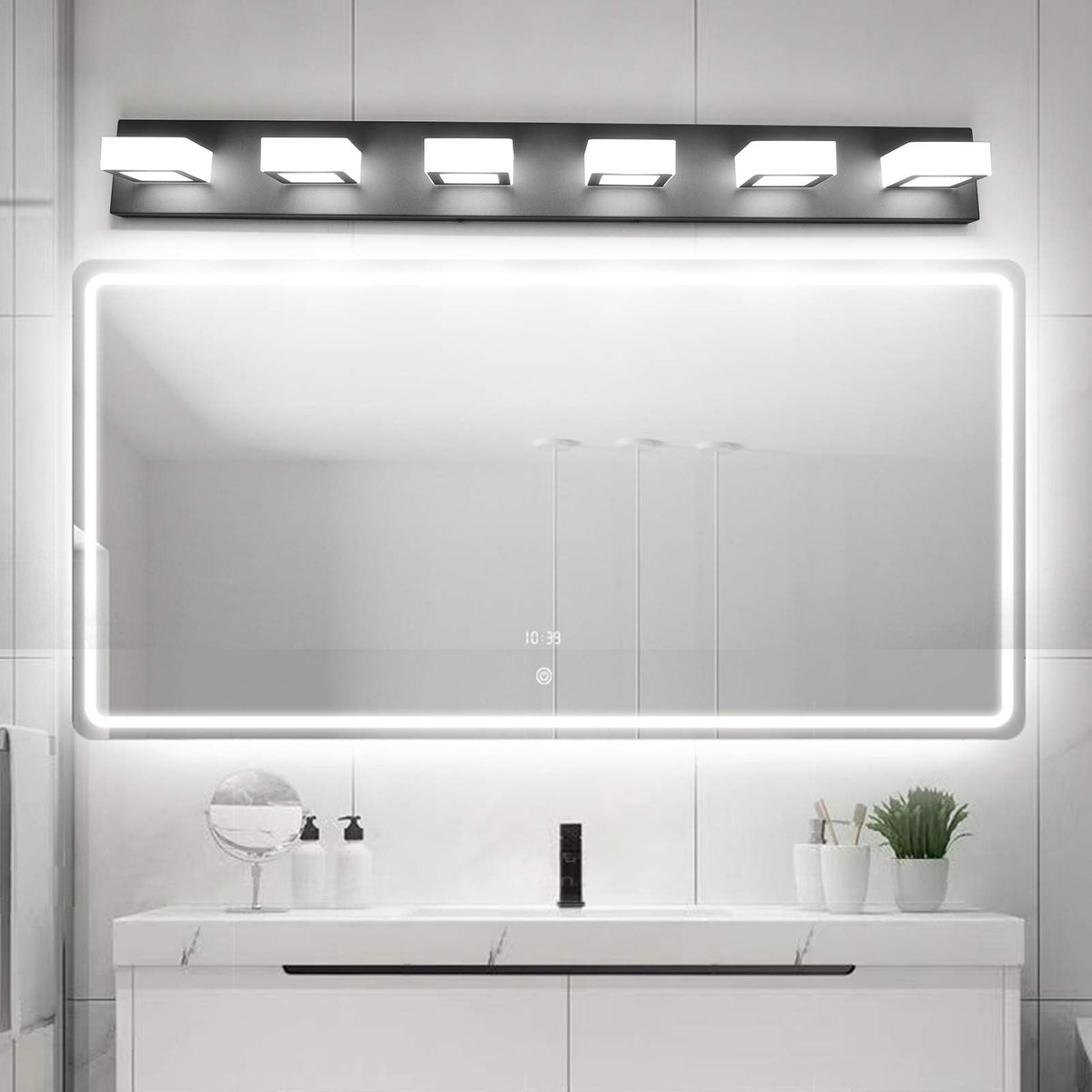 Modern Black Vanity Lights Fixtures 6 Lights Acrylic Modern LED Matte Black Vanity Lights for Bathroom (Black-White light / 40.4 inch)