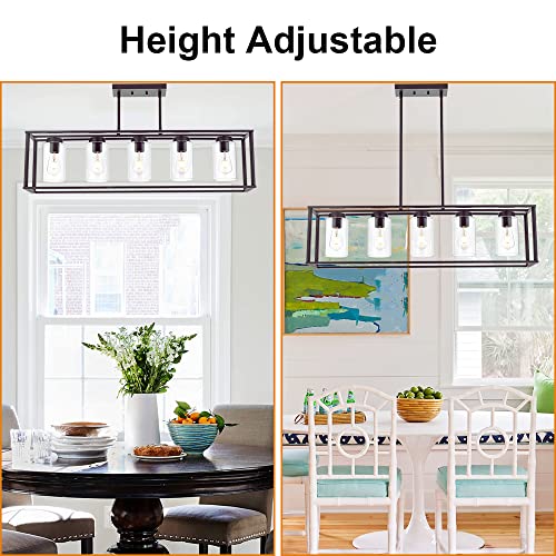 5 Light Kitchen Island Chandeliers Oil Rubbed Bronze Modern Linear Cage Pendant Lighting with Clear Glass Shades Farmhouse Ceiling Light Fixtures Hanging for Dining Room Living Room (Oil-Rubbed Bronze / 5 Light)