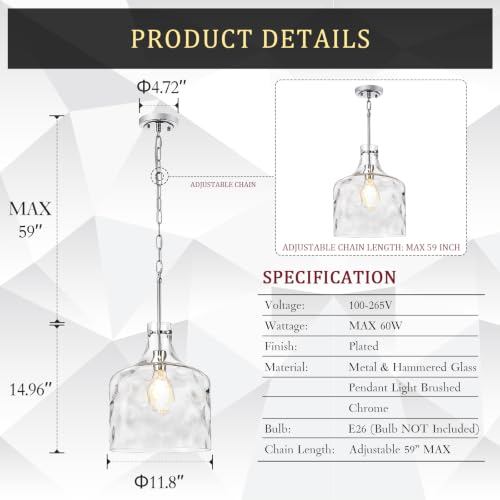 16" Farmhouse Hammered Glass Pendant Light (Chrome)