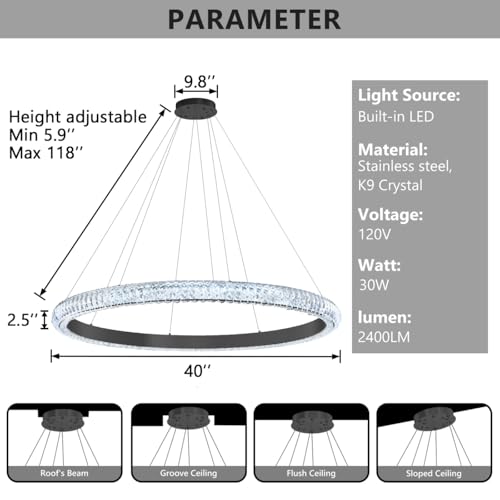 40" 1 Ring Crystal Chandelier Modern LED Dimmable Ring Pendant Light Chandelier for Dining Room Living Room Black (Black / 1 Ring Round 40")