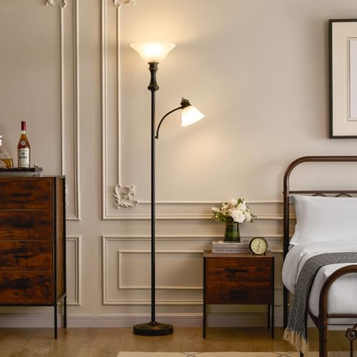 Torchiere Floor Lamp with Adjustable Angle Reading Lamp (Black)