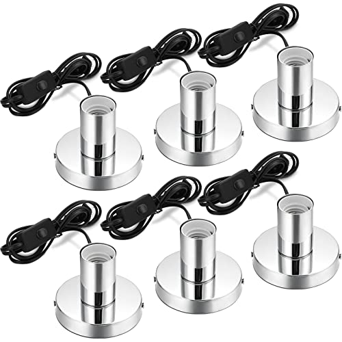 6 Pcs Polished Metal Desktop Lamp E26 E27 Screw Light Bulb Sockets Holder Base Lamp Replacement Base for Holding Bulb 6 Feet Cord on Off Switch Plug (Silver)