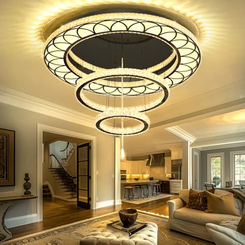 Dia 32" Modern Crystal Chandelier Crystal Black Ceiling Light Fixtures LED Flush Mount Ceiling Light for Living Room Bedrooms Dining Room Dimmable 2700k 4500k 6000k (Black / W:32inches)