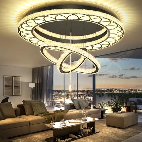Large 48in Crystal Ring Chandelier Modern Black Crystal Chandeliers LED Dimmable Flush Mount Chandelier Crystal Ceiling Light for Living Room Bedroom Foyer (Black / W:48inches)