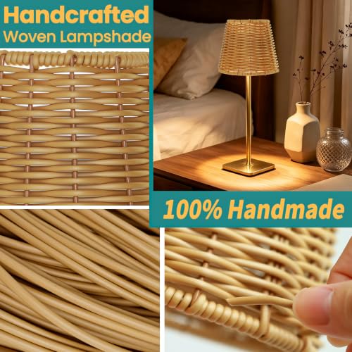 Outdoor Waterproof Cordless Wireless Rechargeable Portable Top Touch Battery Operated Powered LED Table Lamp Desk Lamp Lights for Restaurant Kitchen Patio Dinner Dining (Gold+Wicker Lampshade)