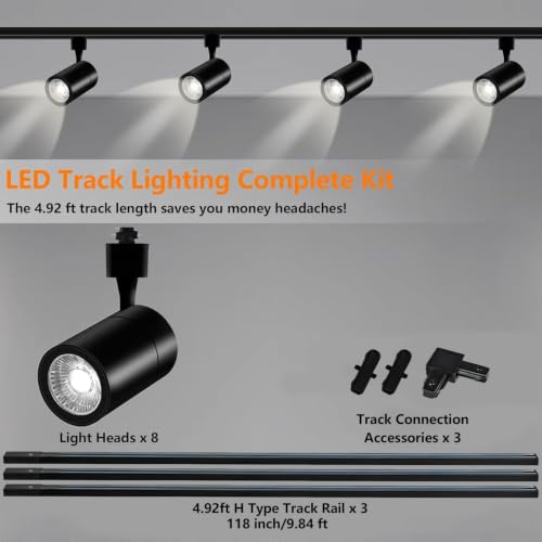 J&L Type LED Track Lighting Kit Dimmable Adjustable Angle Light Heads (Black)