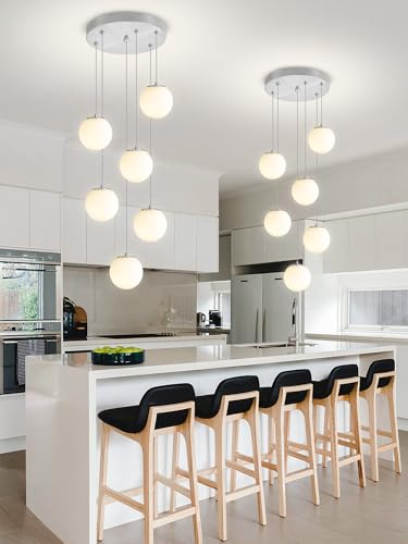 6 Light Silver Chandelier with White Globe Glass Dimmable Ceiling Light Glass Pendant Light for Kitchen Island (Silver-White / Globe 6-Light)