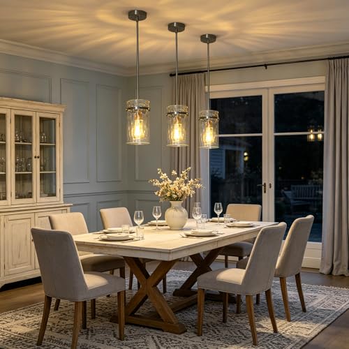 Modern Brush Nickel Hammered Glass Pendant Lights for Kitchen Dining Room (Nickel-2 Pack)