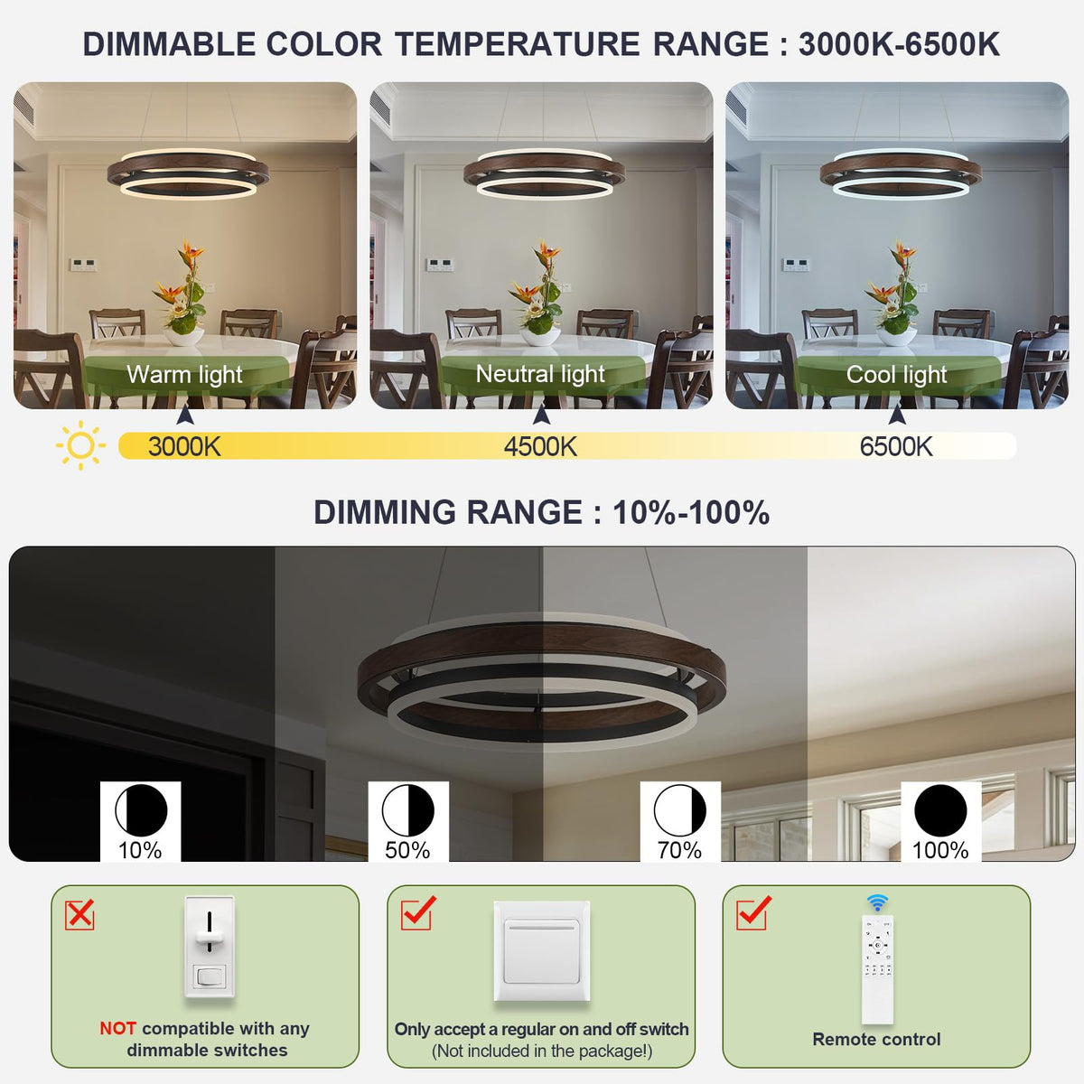 2 Rings Modern LED Chandelier Black Walnut Color with Remote (Wood Grain Black / 2 Rings 24 inches Up&Down)