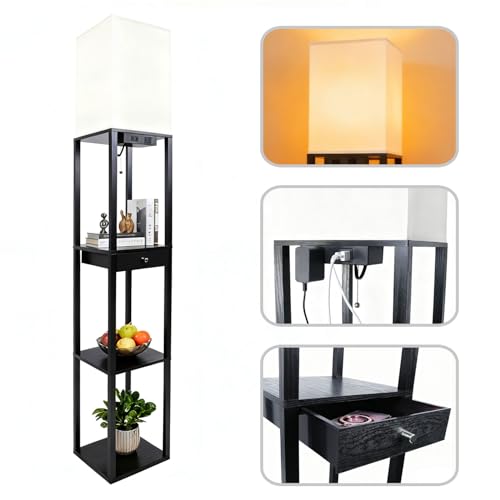 Shelf Floor Lamp with 1 Drawer (Black(USB+Drawer))