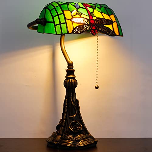 Tiffany Banker Lamp Small Stained Glass Table Lamp Green Dragonfly (Green Dragonfly Style)