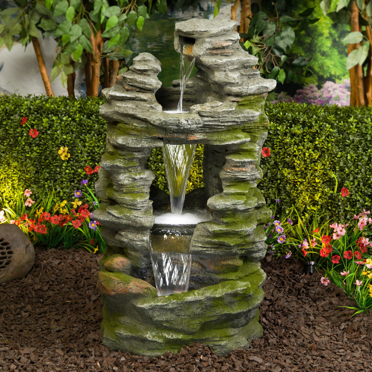 WIN1648 39" Stacked Stone Rainforest Fountain with Cool White LED Lights (39"h - 3 Cool White Leds)