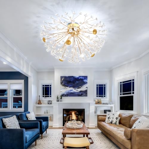 Crystal Sputnik Firework Chandelier LED Ceiling Chandelier for Bedroom Kitchen Island Hallway Entryway Crystal Firework Close to Ceiling Light (Gold Ceiling / Dia 24inches)
