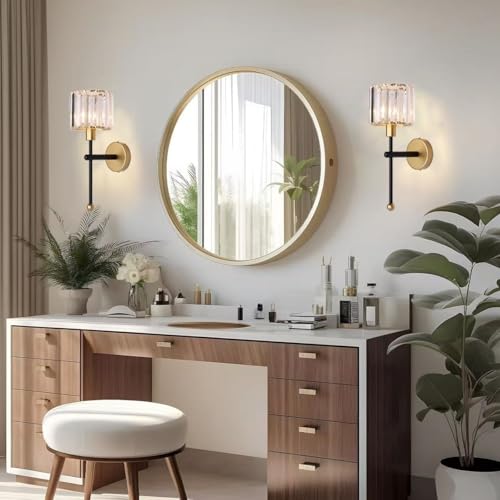 Modern Glass Crystal Wall Sconces Battery Operated Set of 2 (Gold-Black)