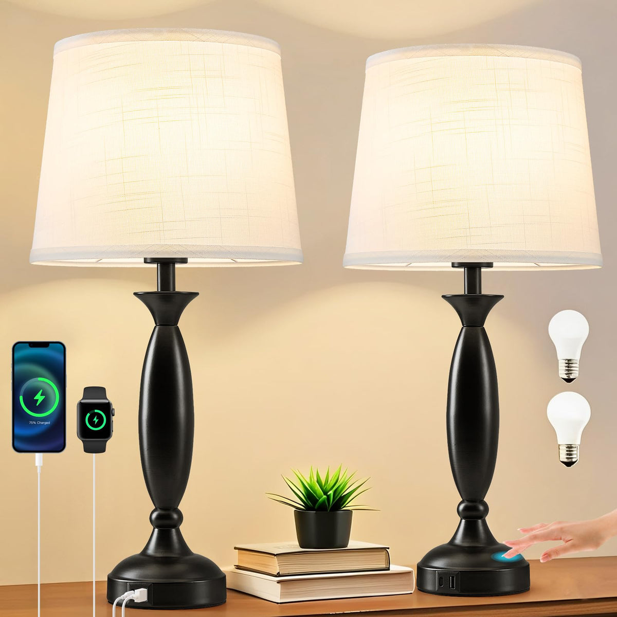 23" Touch Lamps for Nightstand Set of 2 (Black & White Shade)