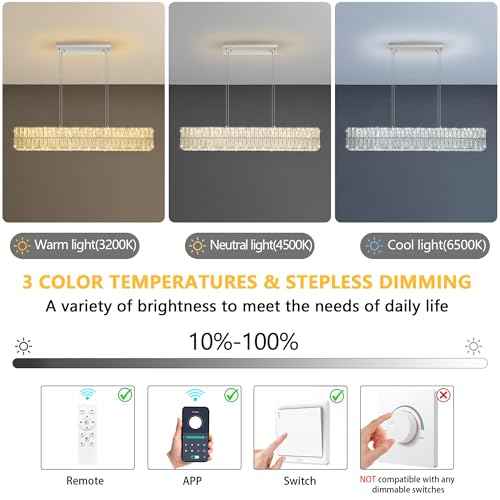 40 Inch Glam Crystal Chandelier Modern Dimmable Crystal Chandeliers LED Rectangular Ceiling Light Fixtures for Dining Room Living Room Silver (Silver / Long 40")