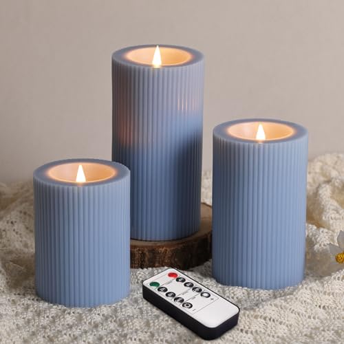 Ribbed Moving Flame Flameless Pillar Candles with Remote Set of 3