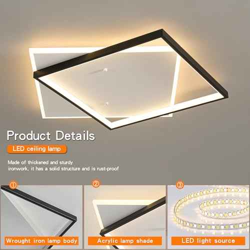Black Modern LED Bedroom Ceiling Light Dimmable Flush Mount Ceiling Light Fixture 22" Square Ceiling Lamp with Remote Control Kitchen Lighting Fixture Ceiling