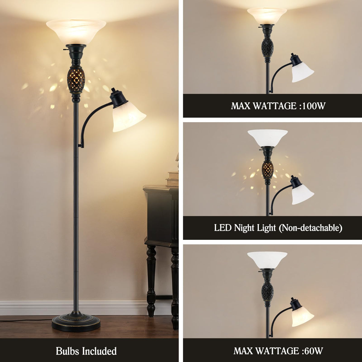 70" Floor Lamp with Night Light (Black 2)