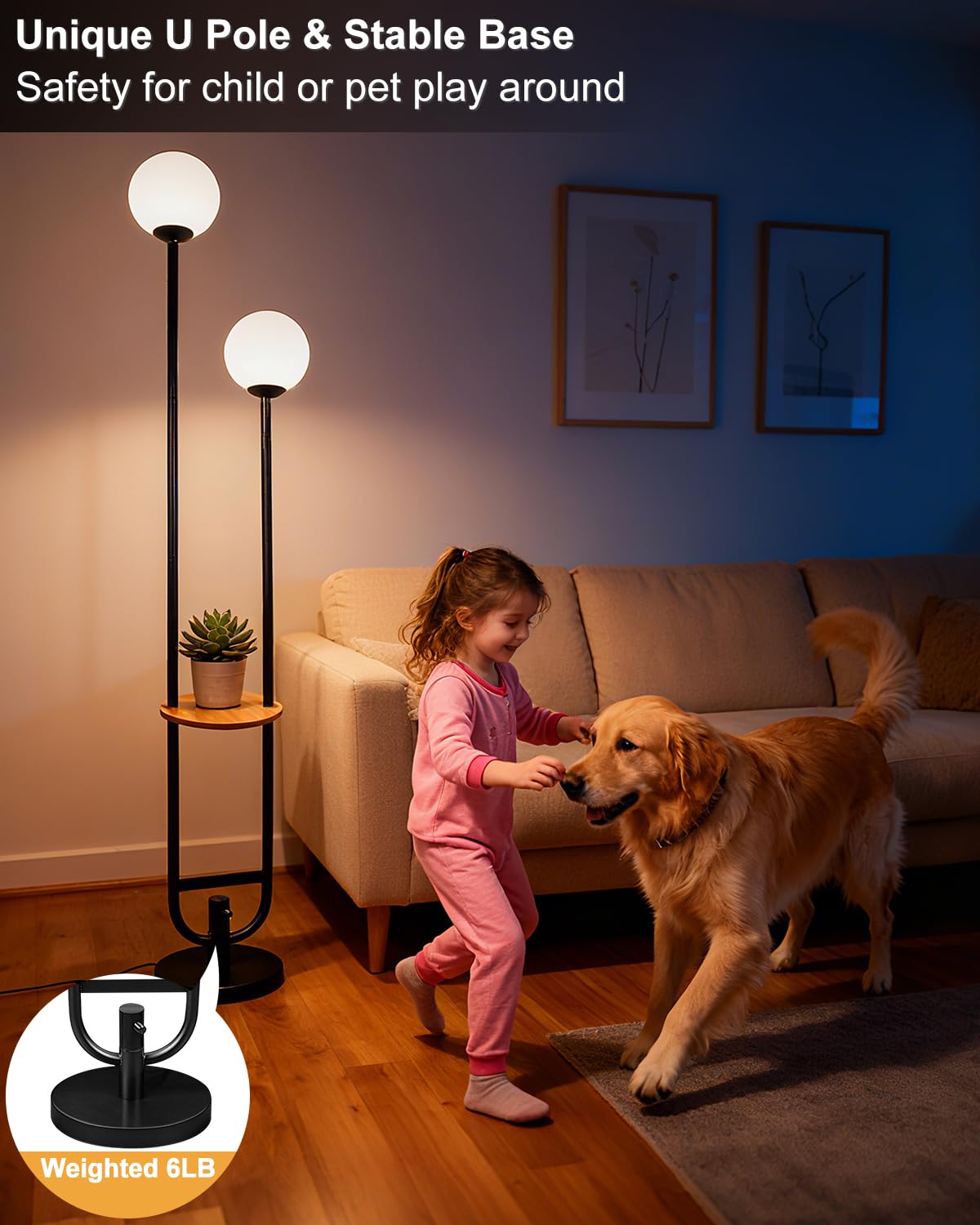 63IN 2 Globe Floor Lamp Dimmable Tall Standing Lamps with Table 3000K Warm White Unique Vintage Modern Mid Century Floor Lamp with 5Lbs Heavy Base for Living Room (Black-2U)