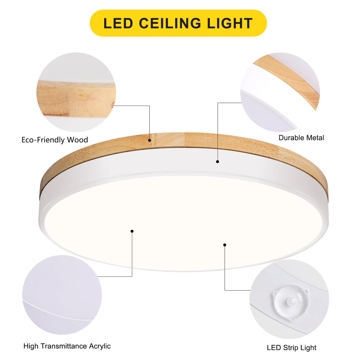 Modern Wood White Flush Mount Ceiling Light 11.81 Inch (White- Non-dimmable / 11.81 Inch)