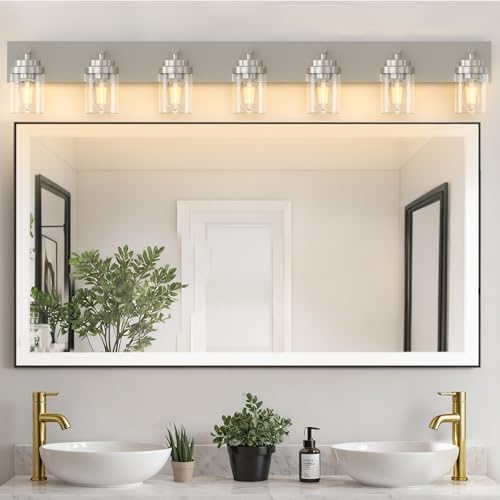 Bathroom Vanity Light Fixture (Nickel-Clear Glass Shade / 52 inch-7-Light)