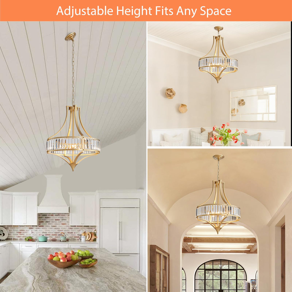 Crystal Chandeliers for Dining Room 21.6" Rustic Farmhouse Chandelier with Round Metal Shade 6 (21.6"-Gold)