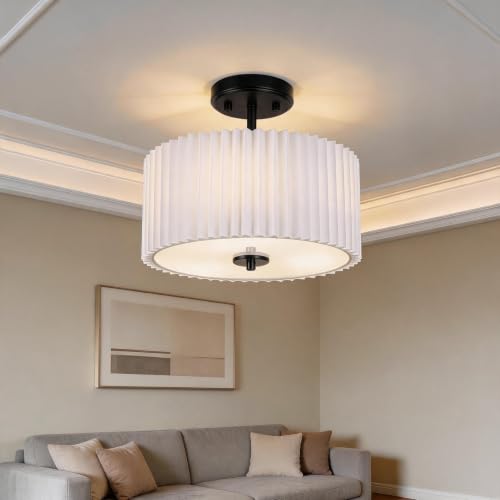 3 Light Semi Flush Mount Ceiling Light Fixture (Black + Pleated White Shade)