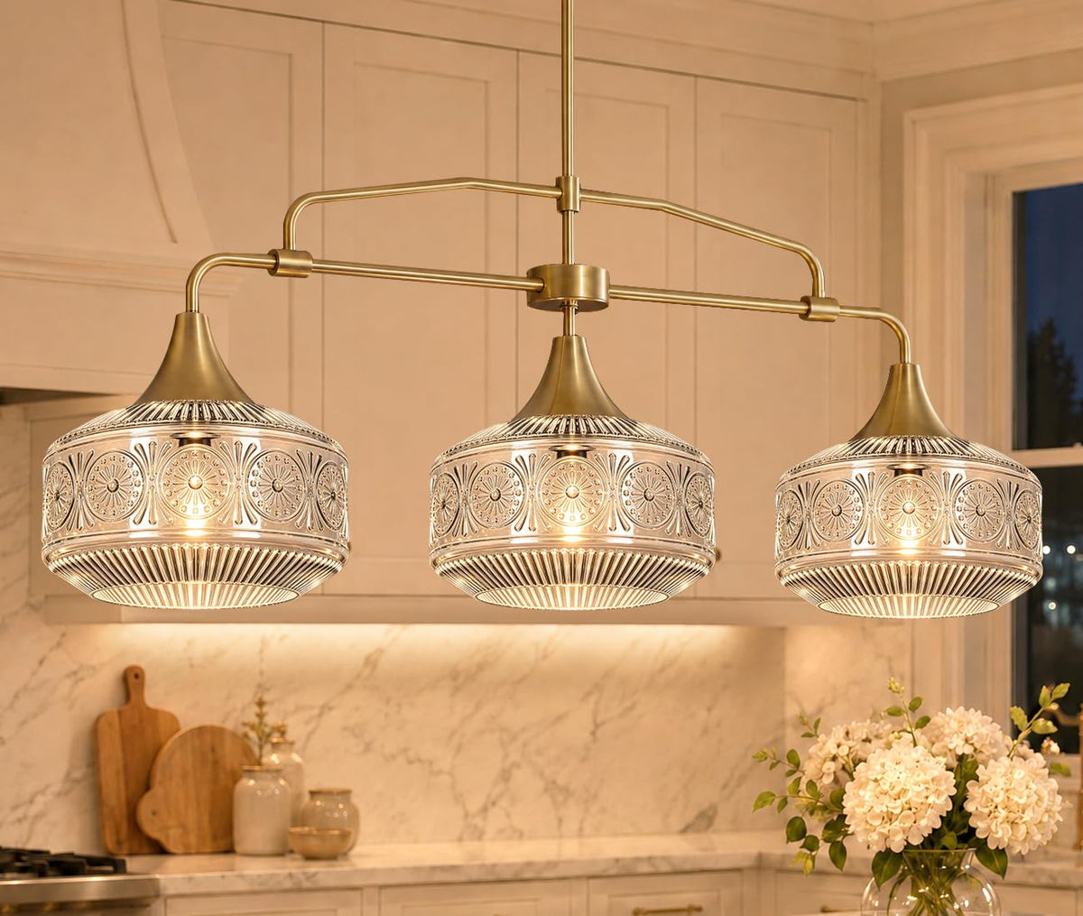 Adjustable 3 Light Kitchen Island Lighting Gold Island Light over Island (Gold+Clear Glass / 37.4in)