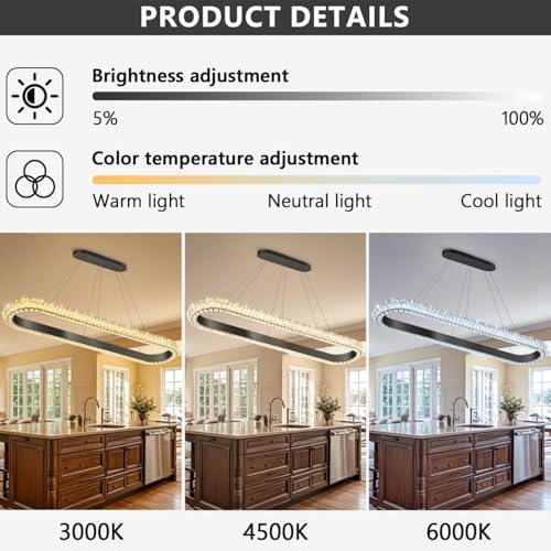 47'' Oval Ring Crystal Chandelier Modern LED Dimmable Ring Pendant Light Chandelier for Dining Room Living Room Black (Black / 1 Ring Oval 47")