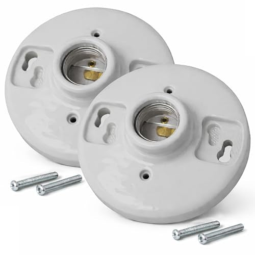 2 Pack) Porcelain Outlet Box Mount, Keyless Lamp Holder, E26 Medium Base Light Socket, Light Bulb Socket Replacement, 660W, White Ceramic Light Base for LED & Incandescent Bulbs, Lamp Socket (Porcelain Keyless)
