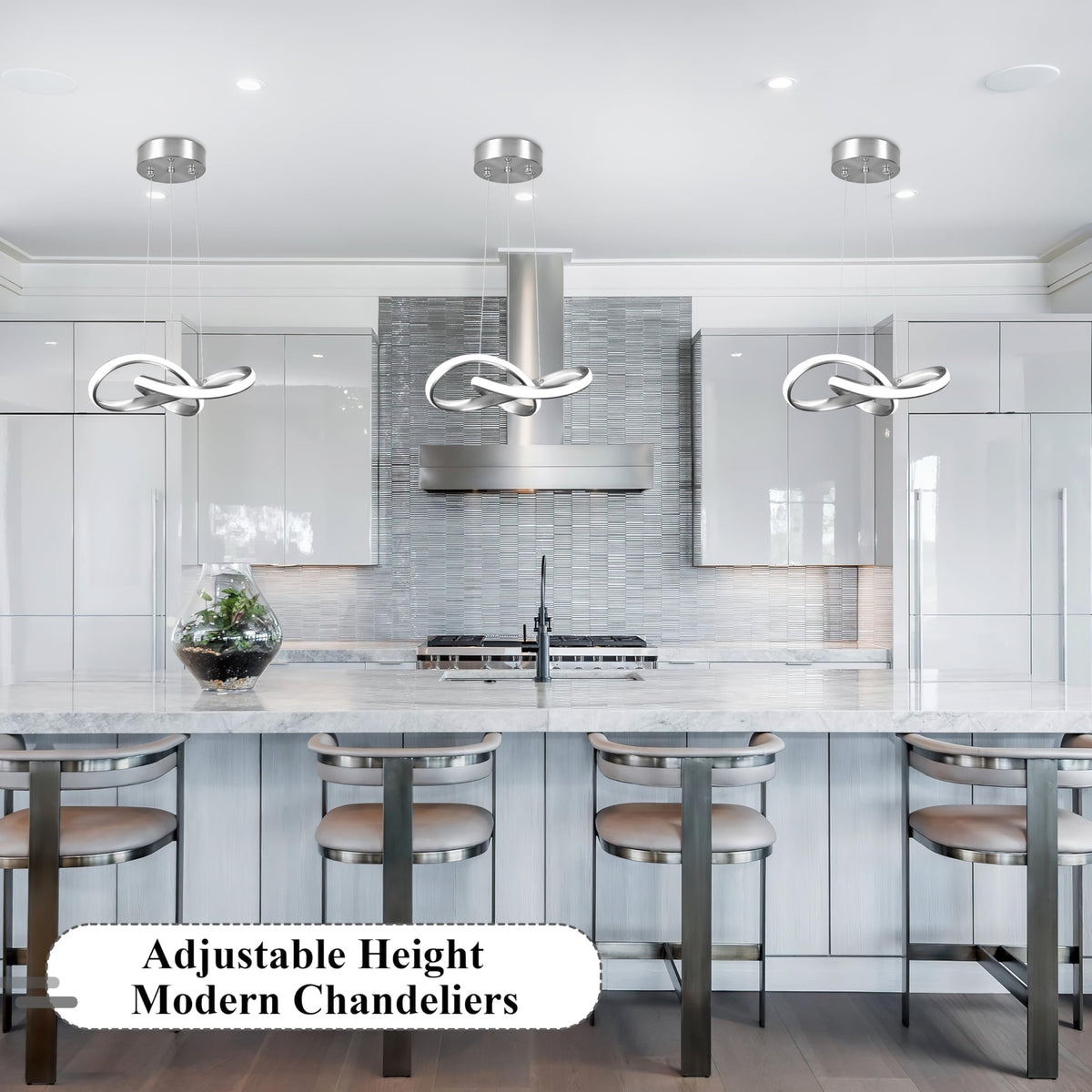 LED Chandelier Modern Pendant Light Fixture 2 Pack Simple Irregular Streamline Ring Light Nickel with 4500K and 59" Height Adjustable Hanging Lamp for Kitchen Island Hallway Foyer Corridor (Nickel / 12 Inch)