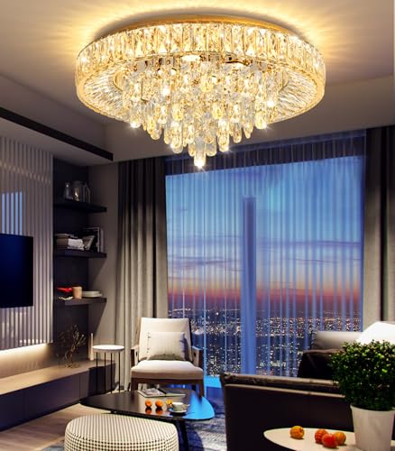 23.6" Modern Crystal Chandeliers LED Dimmable Flush Mount Ceiling Chandeliers for Living Room Entrance Foyer Bedroom Gold (Gold / 23.6" Width)