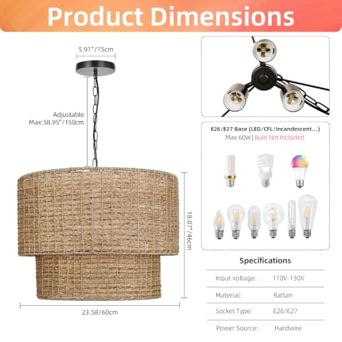 3 Light Boho Large Rattan Chandelier Light Fixture for Kitchen (3-Light / 23.6″H)