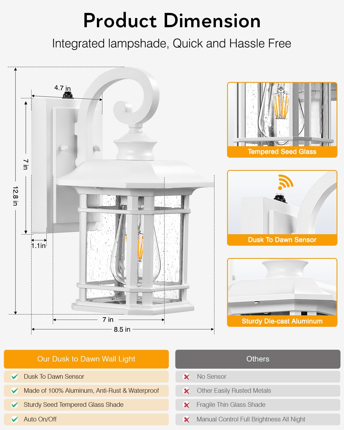 White Exterior Lighting Fixtures (White / 12.4 in Dusk to Dawn 2 Pack)
