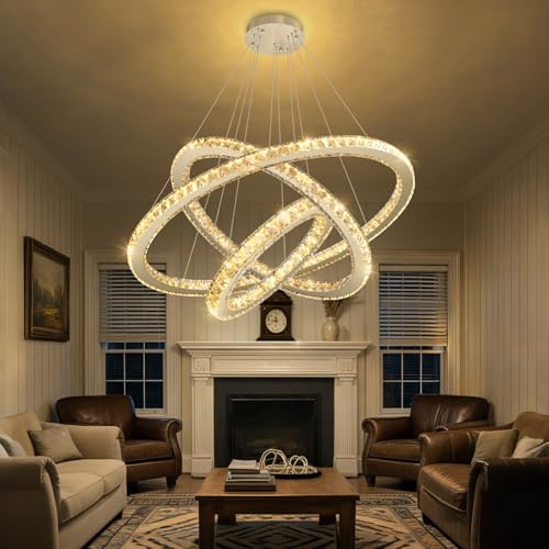 Crystal Chandelier Modern Dimmable LED Ceiling Light Fixture with Remote 3 Rings Stainless Steel Pendant Lighting for Living Room Dining Room Foyer Silver (Silver / 3-Ring 32")