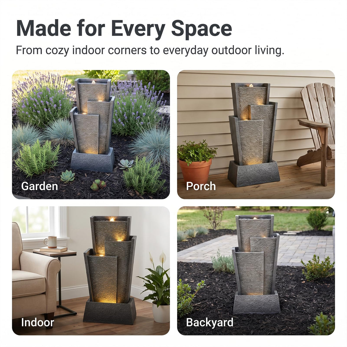 28H Modern Cascading Outdoor Water Fountain with Warm LED Light (28.3H)