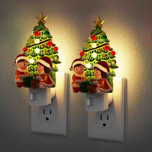 Christmas Tree & Santa Claus Night Light (Christmas tree and children opening gifts-3000K / 2 Pack)